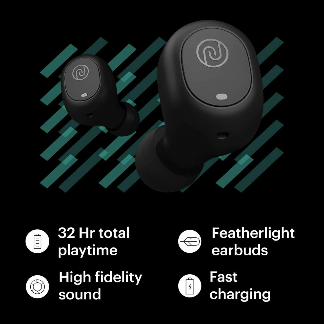 Black wireless earbuds with charging case on a black background, featuring text about battery life and features.