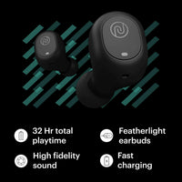 Black wireless earbuds with charging case on a black background, featuring text about battery life and features.