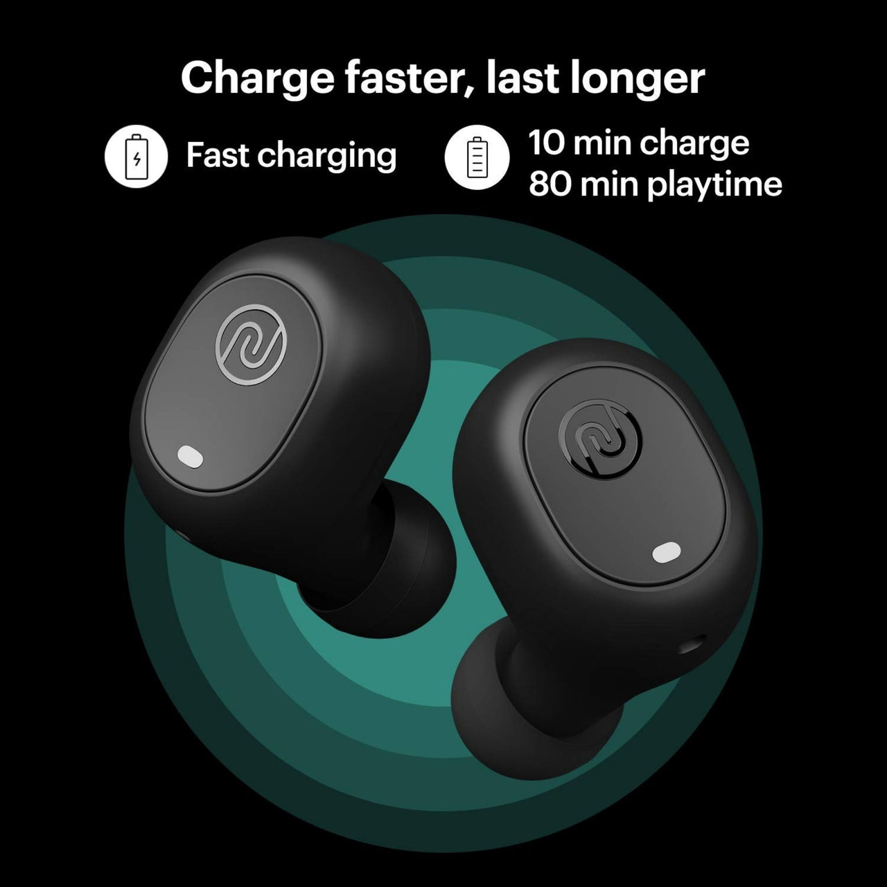 Black wireless earbuds with charging capabilities on a dark background