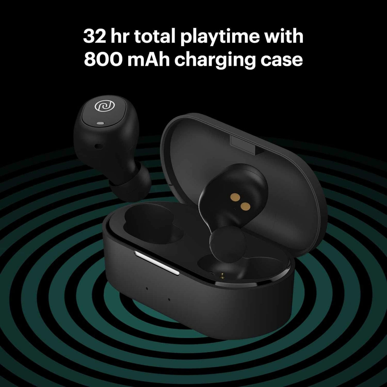 Black wireless earbuds with charging case on a dark background, featuring text about playtime and battery capacity.