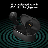 Black wireless earbuds with charging case on a dark background, featuring text about playtime and battery capacity.