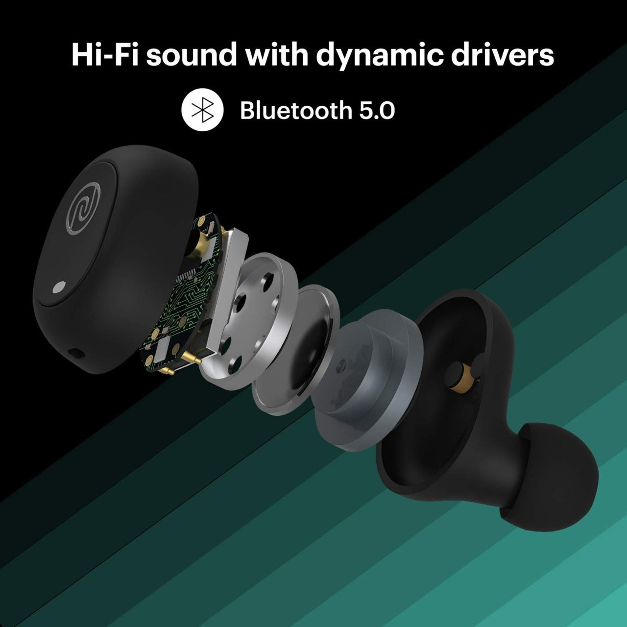 Black wireless earbuds with visible components on a gradient background, highlighting 'Hi-Fi sound with dynamic drivers' and 'Bluetooth 5.0'.