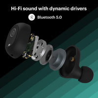 Black wireless earbuds with visible components on a gradient background, highlighting 'Hi-Fi sound with dynamic drivers' and 'Bluetooth 5.0'.