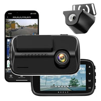 Car dashboard camera with smartphone displaying footage, and separate camera lens on a white background.