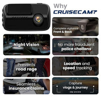 CruiseCam dashboard camera with features highlighted on a white background