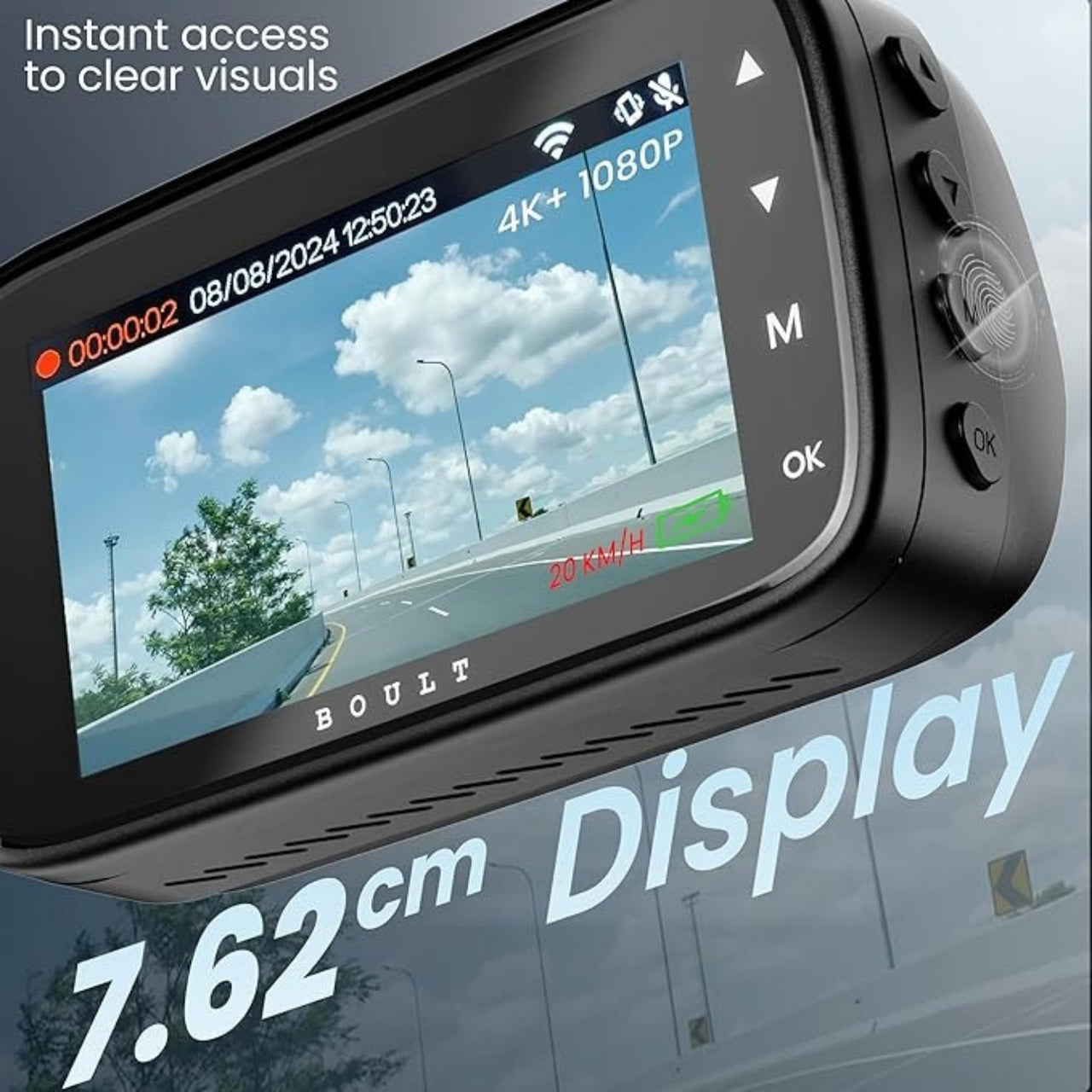 Car dashboard camera with 7.62 cm display showing road and sky.