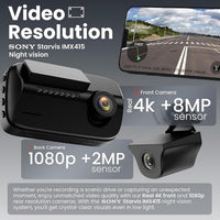 Car dashboard camera with front and rear cameras, Sony Starvis IMX415 night vision, and resolution details.