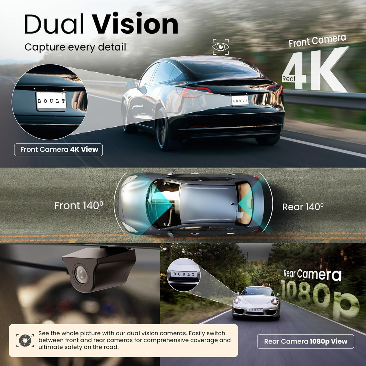 Car with dual camera system showing front and rear views, 4K and 1080p resolution.