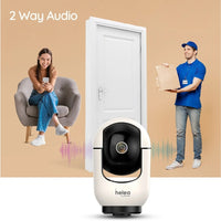 Smart doorbell with 2-way audio feature, woman on phone, man with package, and 'helea' branding.
