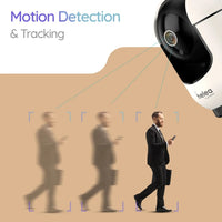 Camera with 'helea' branding showing motion detection and tracking on a beige background