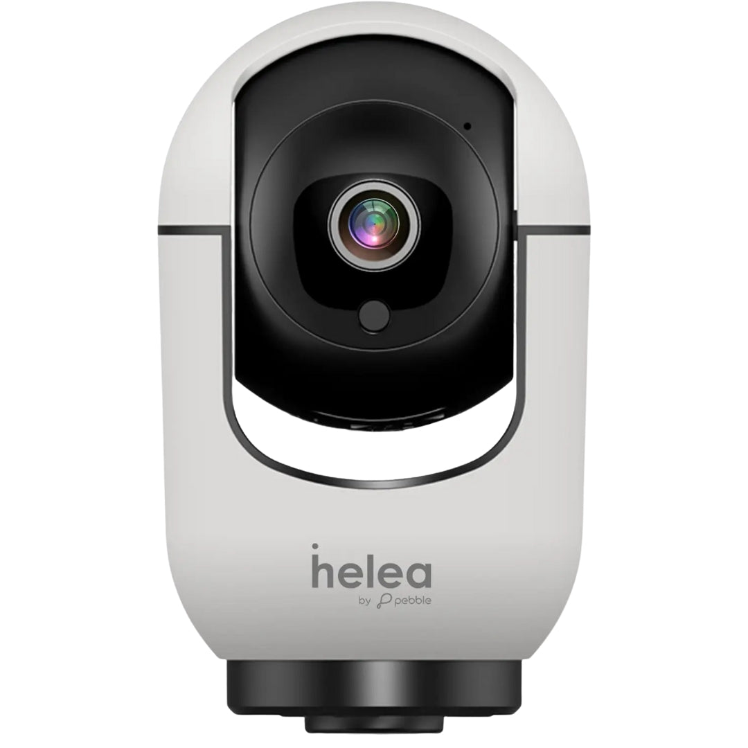 White security camera with black lens on a white background, branded 'helea'.