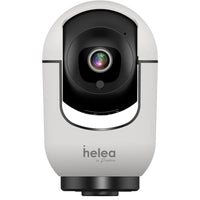 White security camera with black lens on a white background, branded 'helea'.