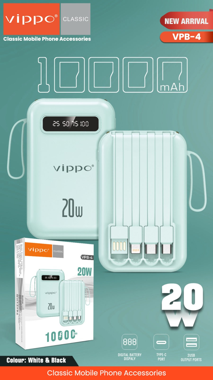 Vippo Classic VPB-4 20W Fast Charging Power Bank | 10000mAh High-Capacity | Built-in Multi Cables | Digital Battery Display | White