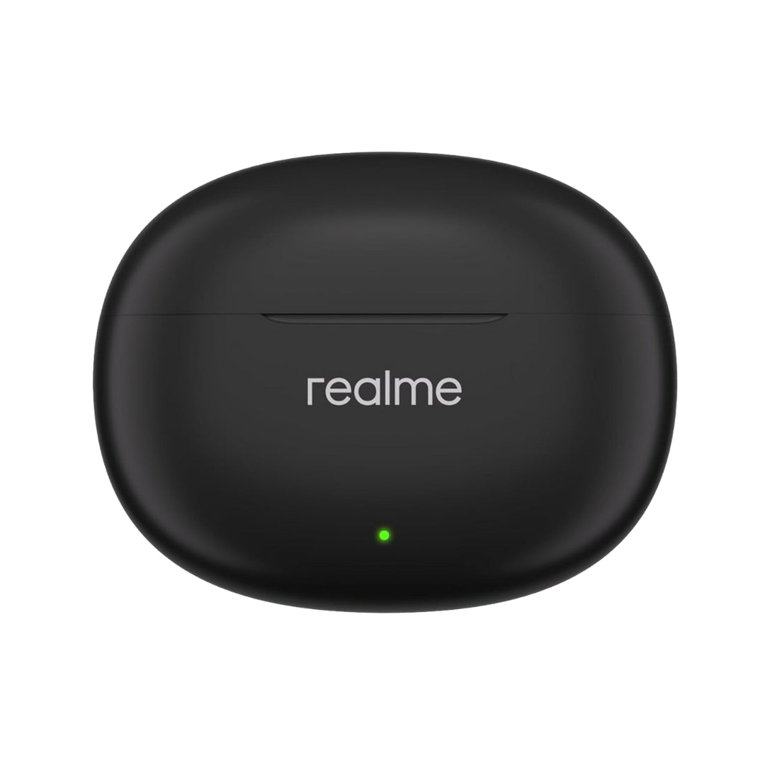 Black realme wireless earbuds case on a white background