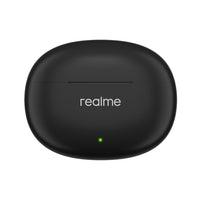 Black realme wireless earbuds case on a white background