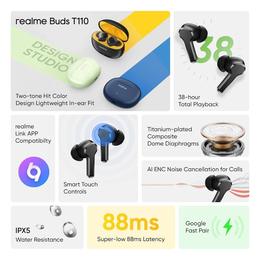 Promotional image of realme Buds T110 with features listed on a white background