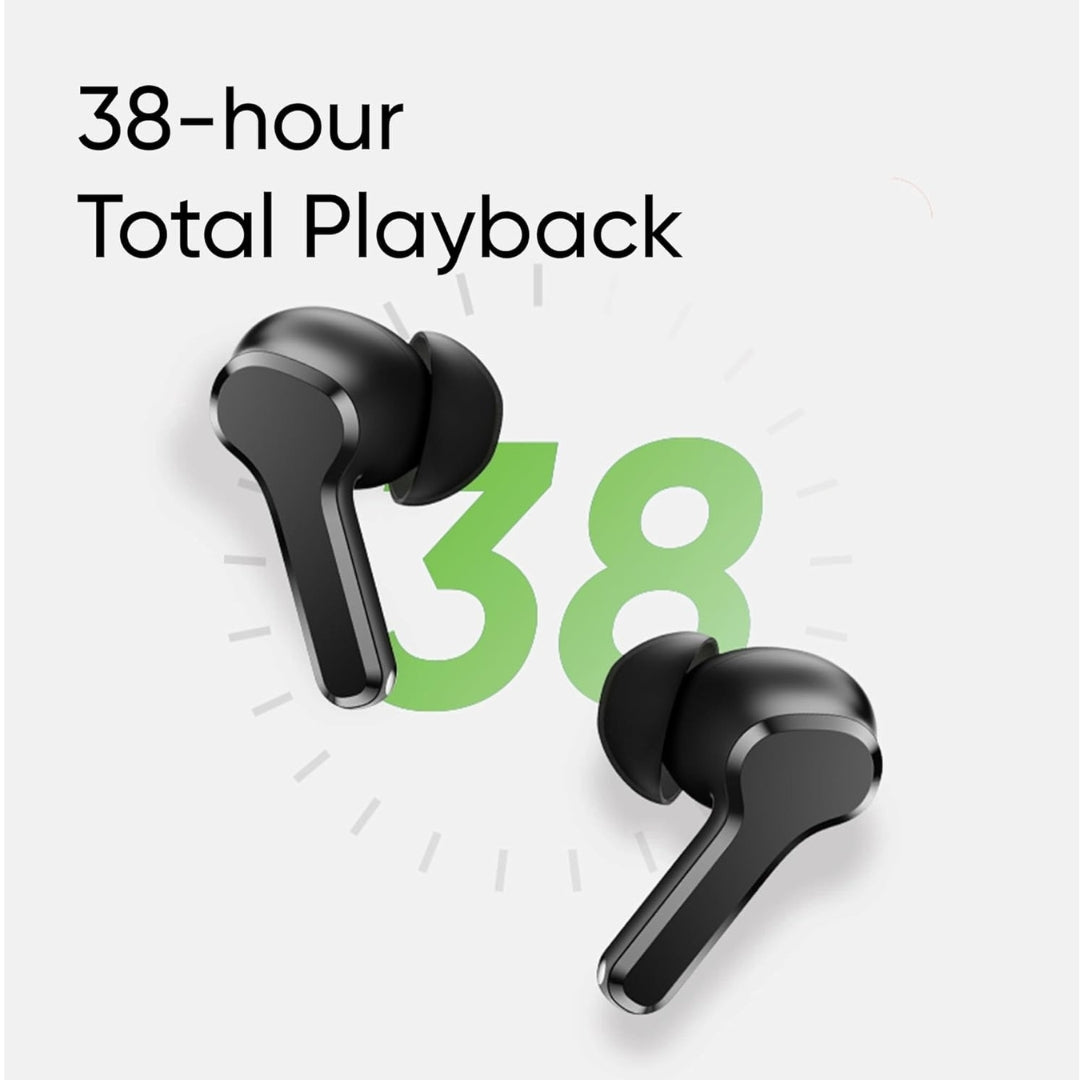 Black wireless earbuds with '38-hour Total Playback' text on a white background