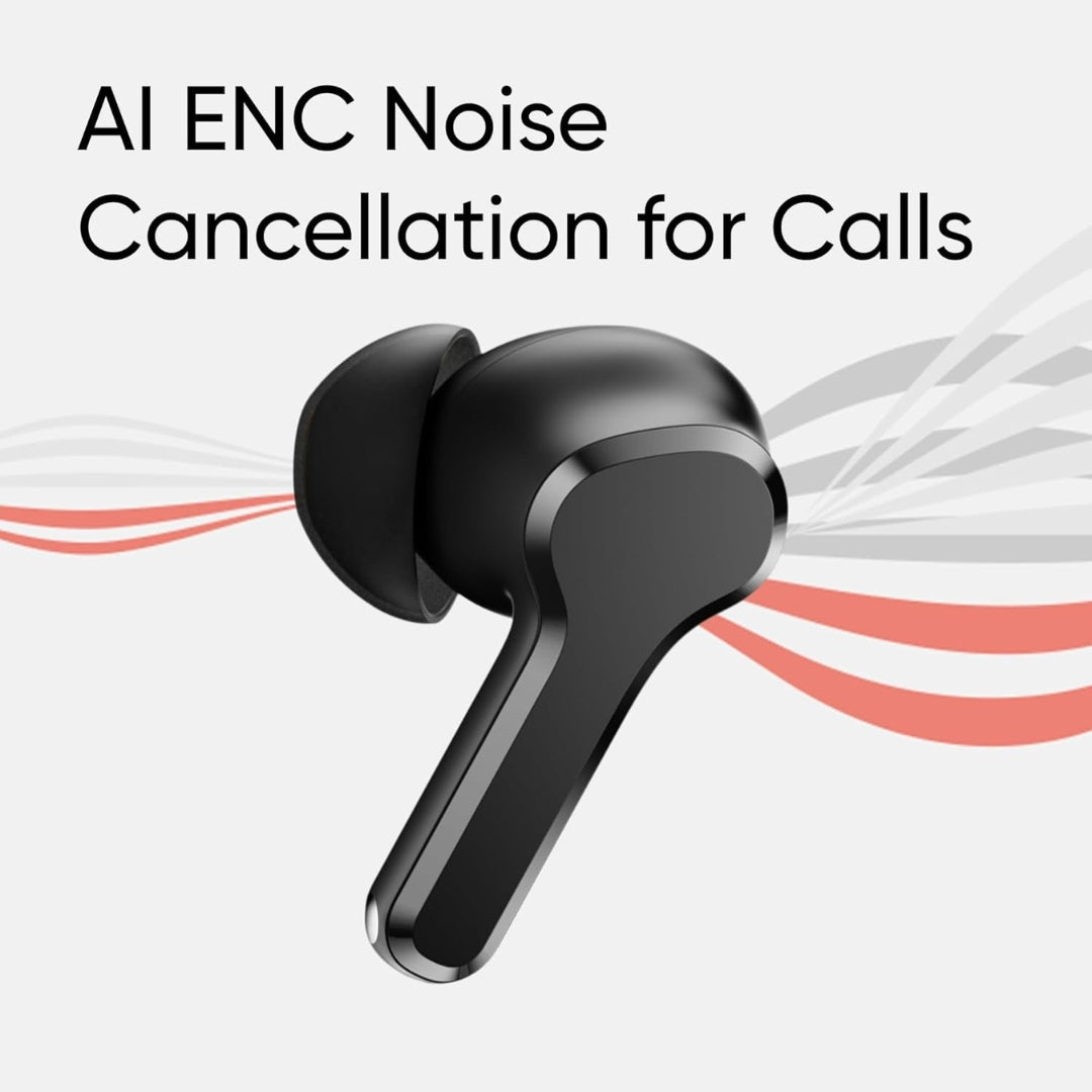 Black wireless earbud with AI ENC Noise Cancellation for Calls text on a white background
