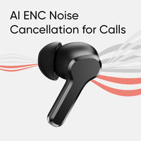 Black wireless earbud with AI ENC Noise Cancellation for Calls text on a white background