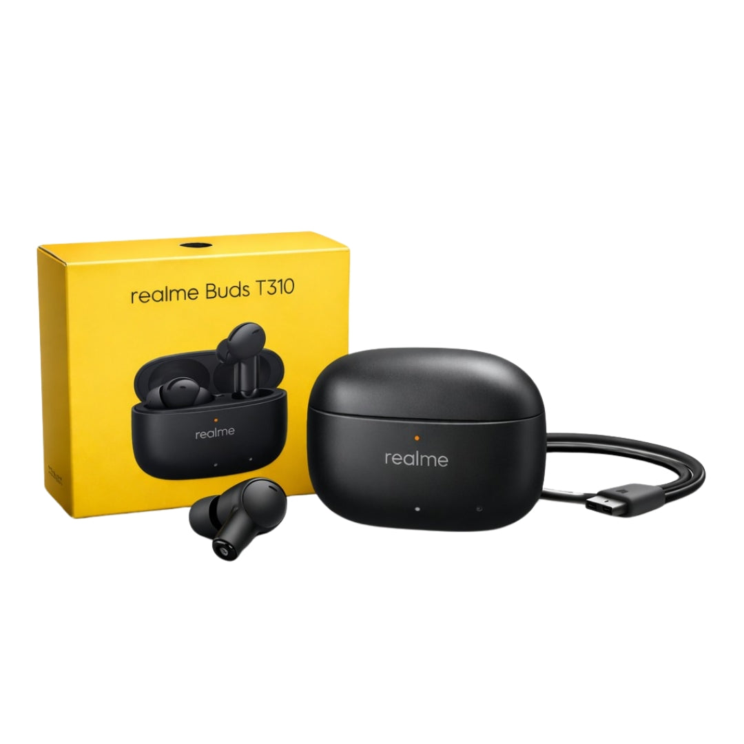 Black wireless earbuds with charging case and yellow 'realme Buds T310' box on a white background