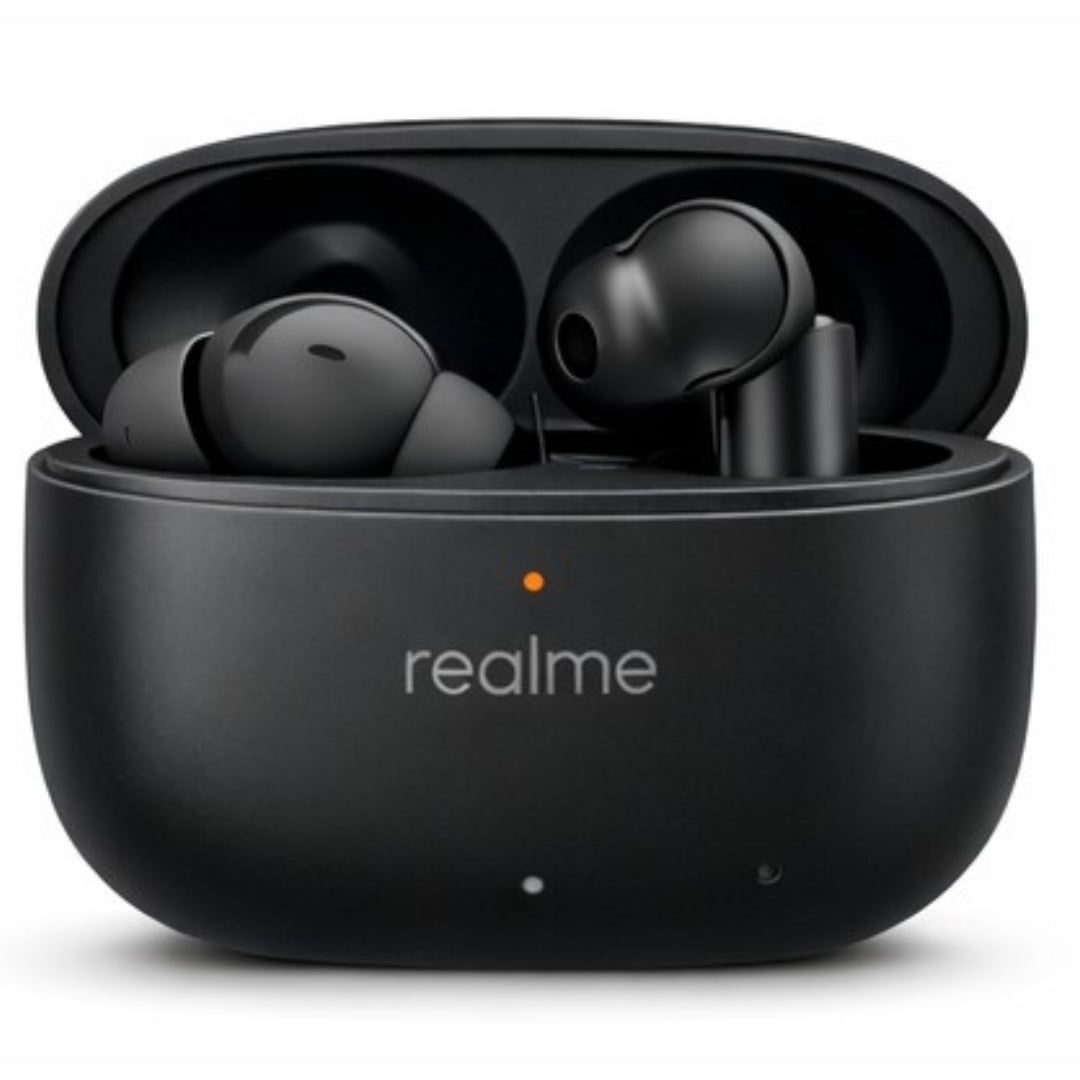 Black wireless earbuds in an open charging case with 'realme' branding on a white background