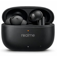 Black wireless earbuds in an open charging case with 'realme' branding on a white background
