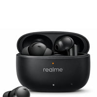 Black wireless earbuds in an open charging case with 'realme' branding on a white background.