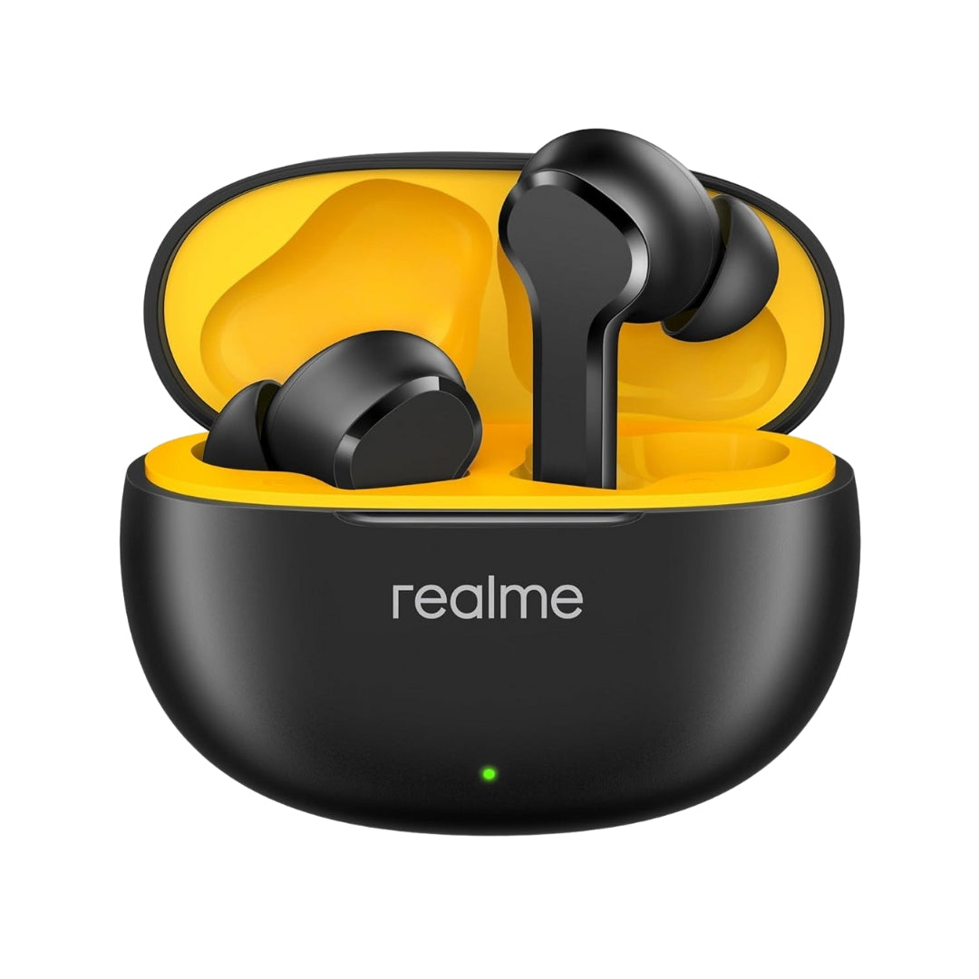 Black and yellow wireless earbuds in a charging case with 'realme' branding.