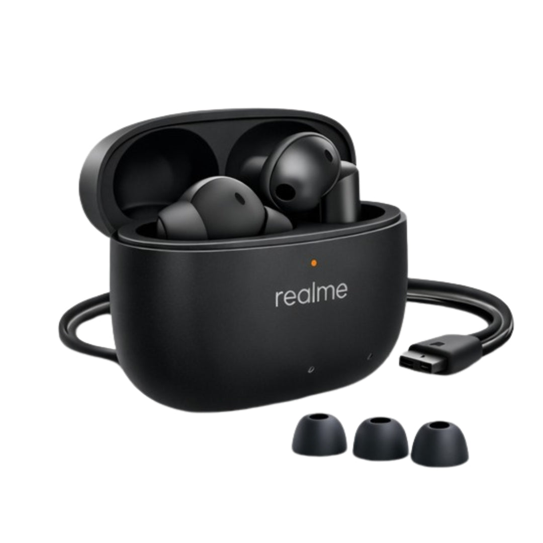 Black wireless earbuds with charging case and USB cable on a white background, featuring the Realme brand.