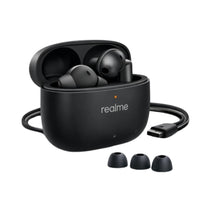 Black wireless earbuds with charging case and USB cable on a white background, featuring the Realme brand.