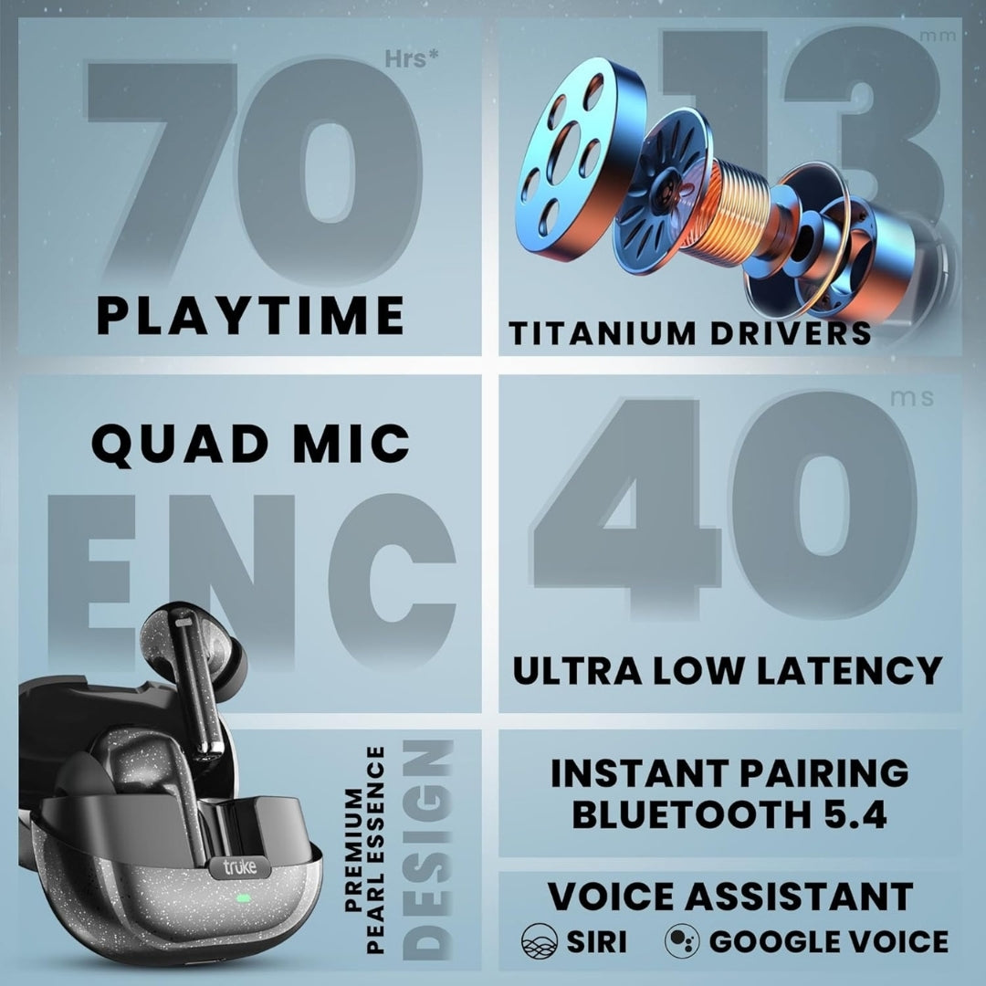 Earpod with features listed on a blue background