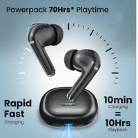 Black wireless earbuds with charging case on a blue background, featuring text about powerpack and charging time.