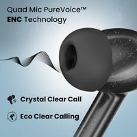 Black earbud with Quad Mic PureVoice and ENC Technology text on a light blue background