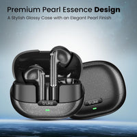 Black wireless earbuds in a glossy case with 'truke' branding on a gradient background.