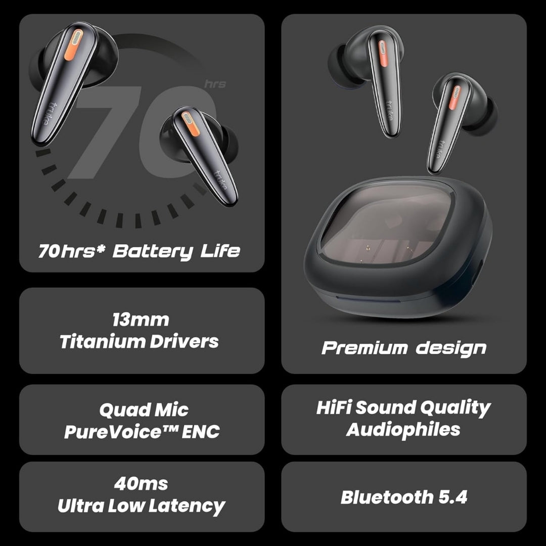Wireless earbuds with charging case on a dark background, featuring text about specifications and features.