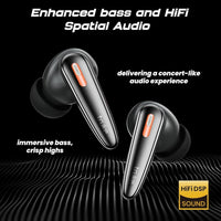 Black wireless earbuds with orange accents on a black background, featuring text about audio quality.
