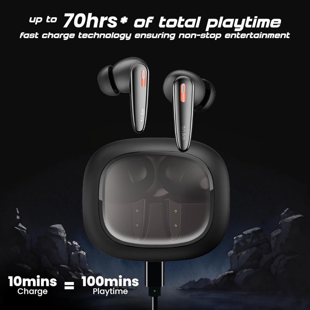 Wireless earbuds with charging case on a dark background, highlighting playtime and fast charge technology.