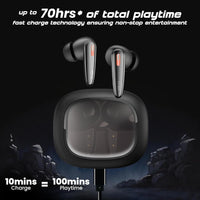 Wireless earbuds with charging case on a dark background, highlighting playtime and fast charge technology.