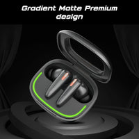 Wireless earbuds in a gradient matte black case on a dark background