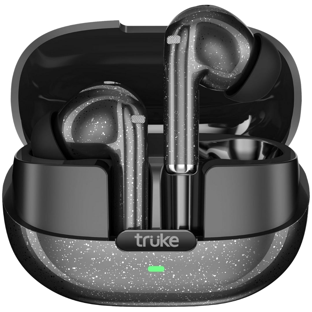 Black wireless earbuds in a speckled black charging case with 'truke' branding.