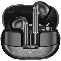 Black wireless earbuds in a speckled black charging case with 'truke' branding.