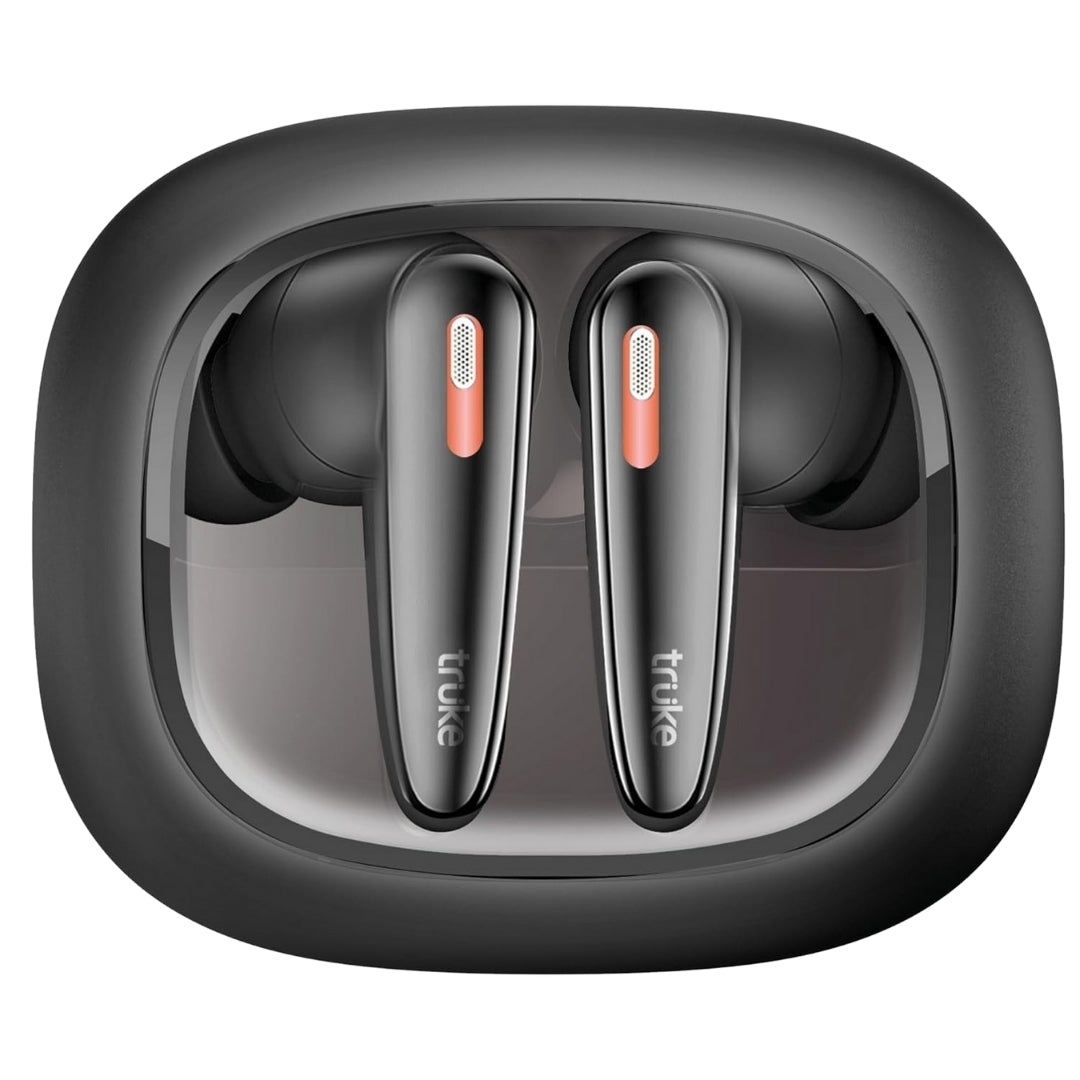 Black wireless earbuds with charging case on a white background