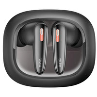 Black wireless earbuds with charging case on a white background