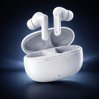 White wireless earbuds in an open charging case on a dark background