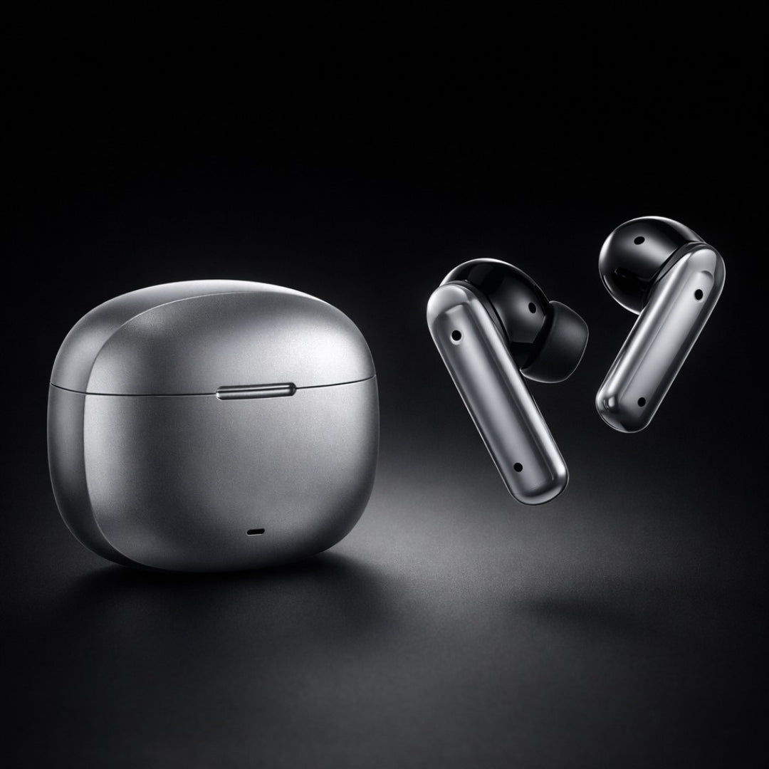 Silver wireless earbuds with charging case on a black background