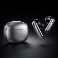 Silver wireless earbuds with charging case on a black background