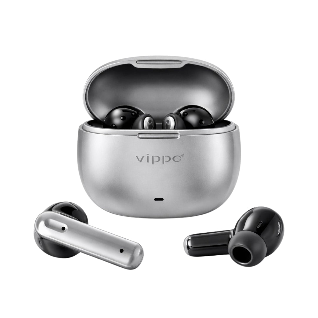 Vippo wireless earbuds with charging case on a white background