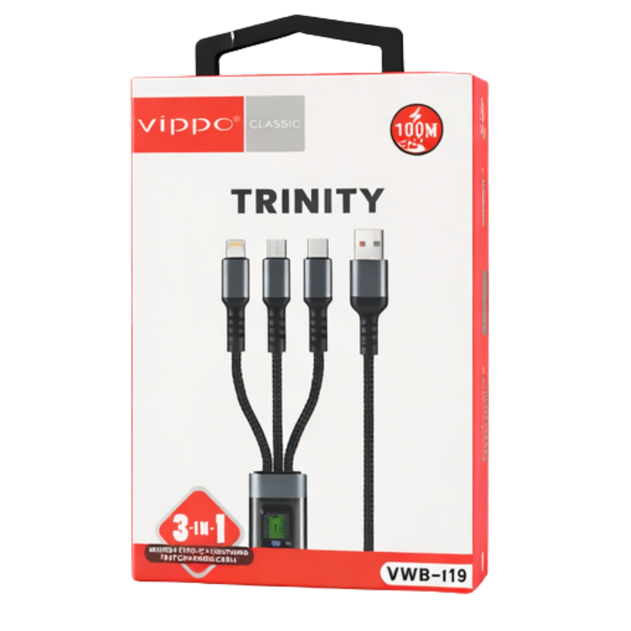 Vippo Trinity 3-in-1 Fast Charging Cable (USB-A to Type-C + Micro USB + Lightning) | Nylon Braided | LED Display