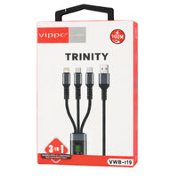 Vippo Trinity 3-in-1 Fast Charging Cable (USB-A to Type-C + Micro USB + Lightning) | Nylon Braided | LED Display