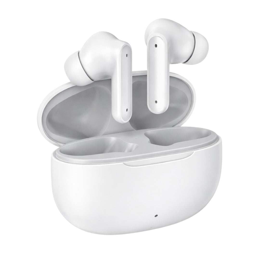 White wireless earbuds with charging case on a white background